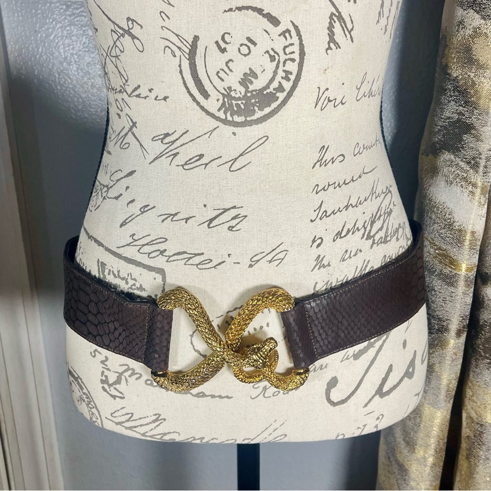 RAINA Eden Ornate Gold Snake Buckle Adjustable Embossed Brown Leather Belt Sz L